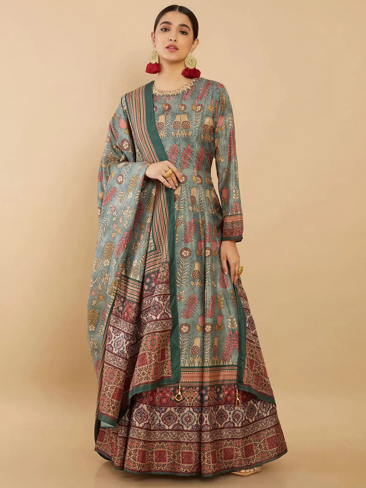 Odette Light Green Dola Silk Printed Stitched Gown With Dupatta For Women