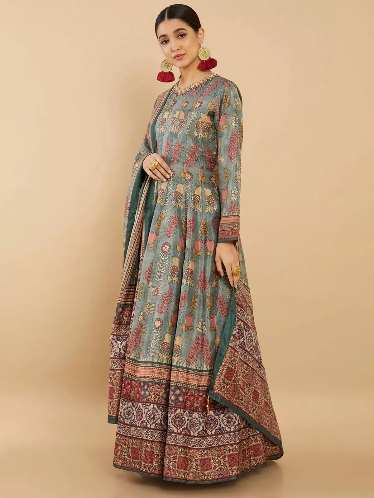 Odette Light Green Dola Silk Printed Stitched Gown With Dupatta For Women