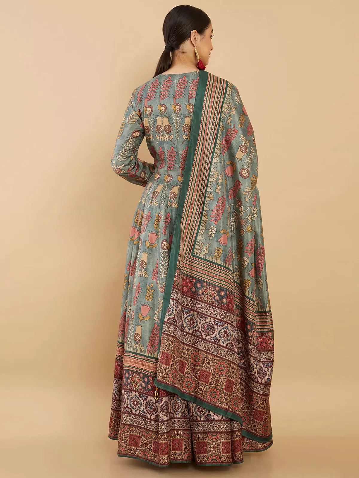 Odette Light Green Dola Silk Printed Stitched Gown With Dupatta For Women