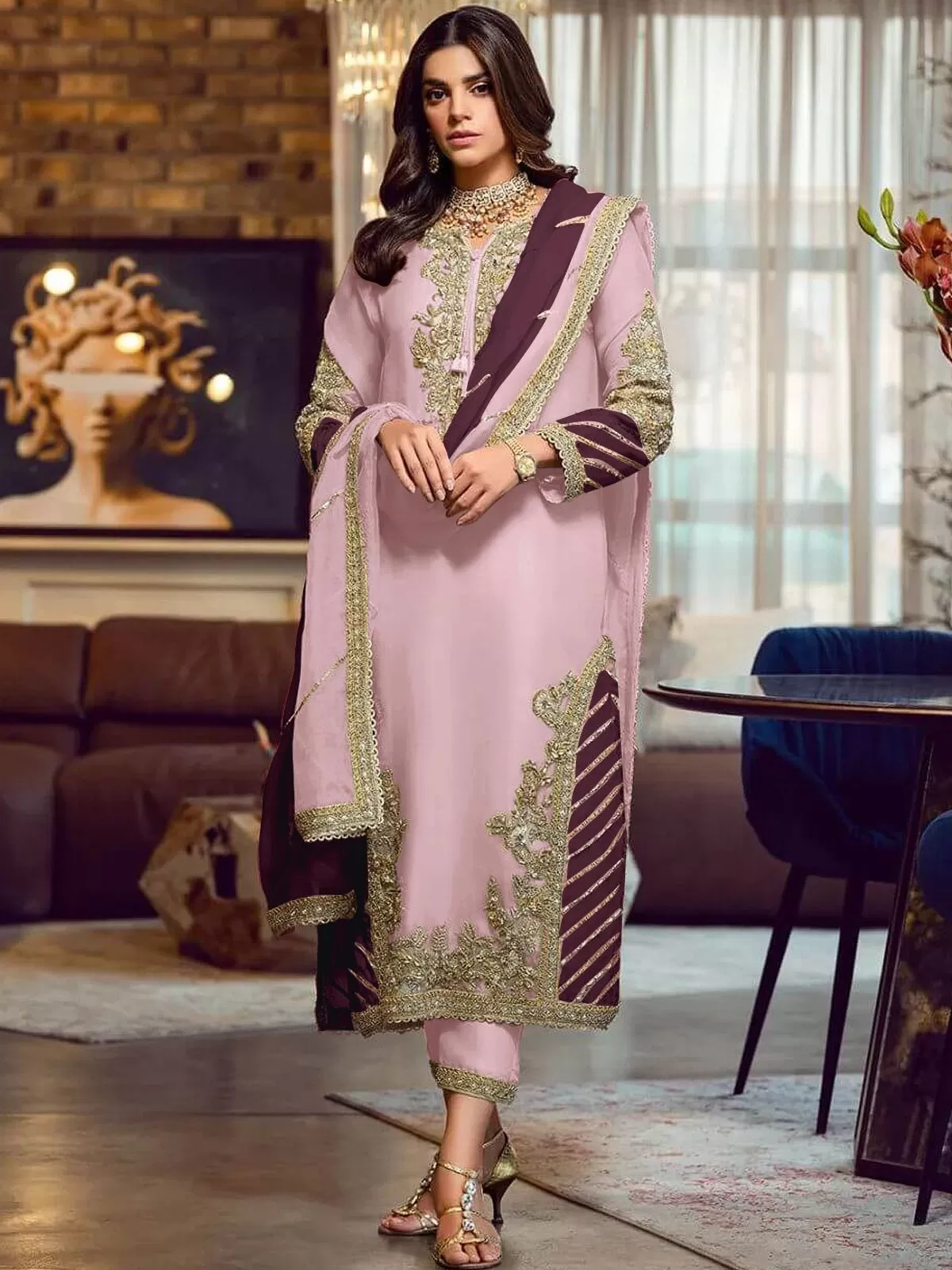 Odette Pink Georgette Embellished Semi stitched Kurta Set For Women