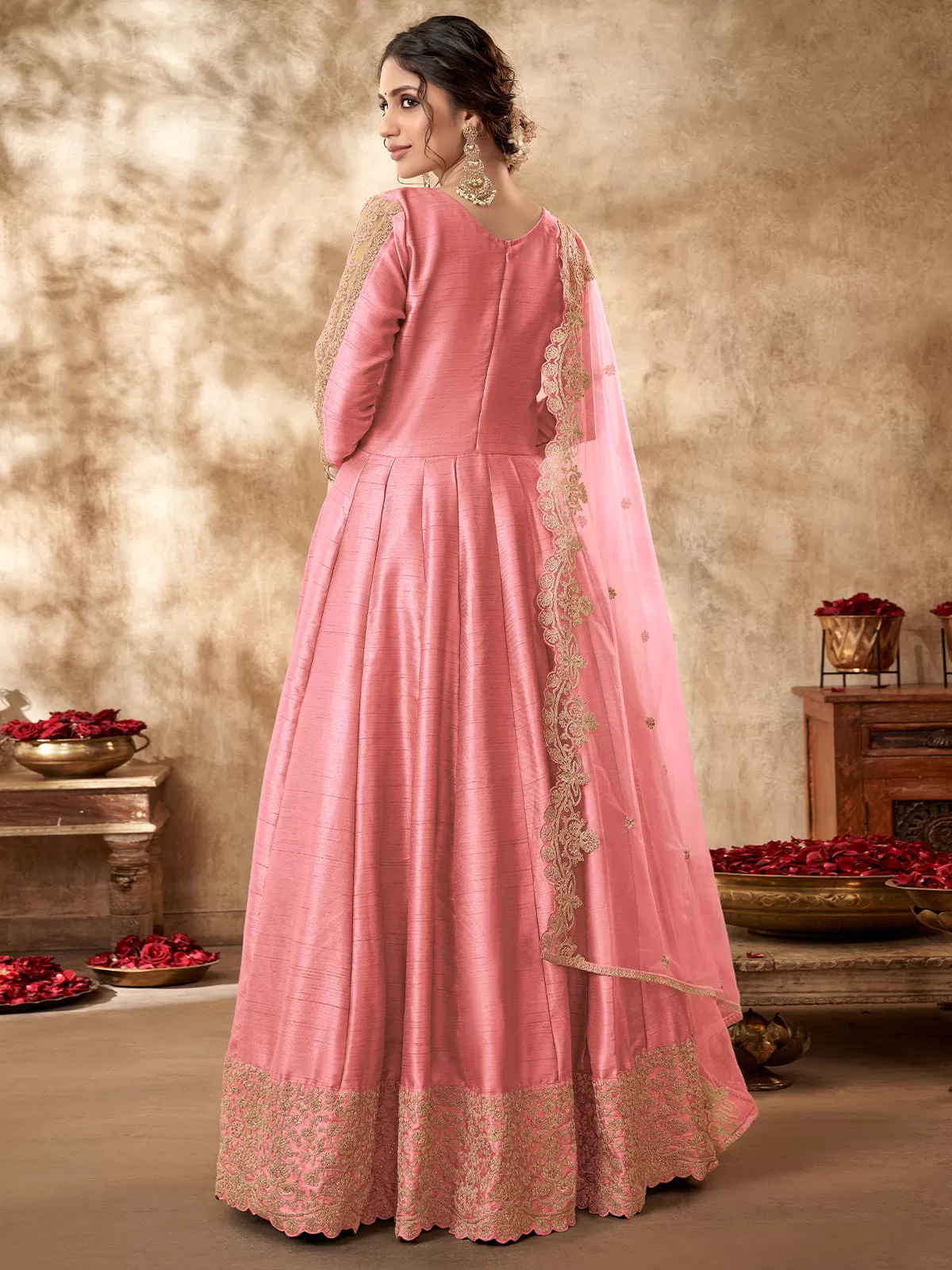 Odette Pink Silk Embroidered Semi stitched Kurta Set For Women