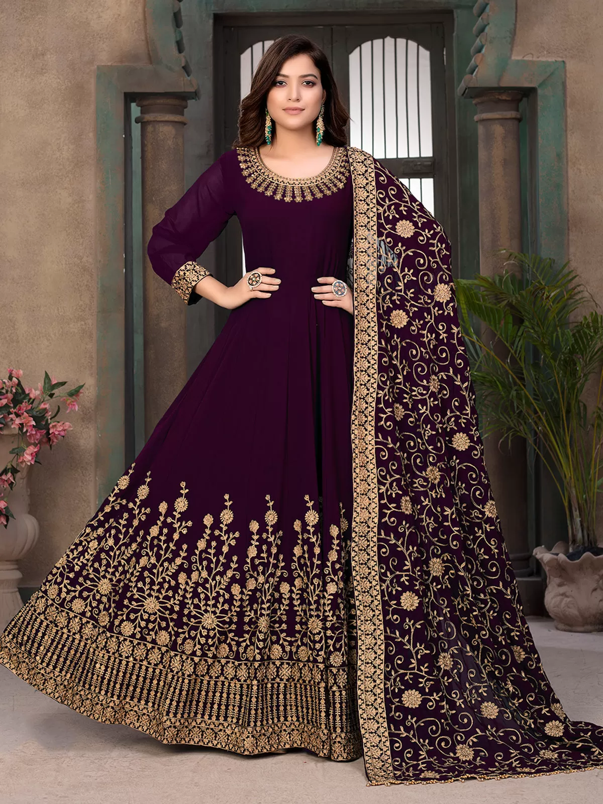 Odette Purple Georgette Embroidered Semi stitched Kurta Set with Inner For Women