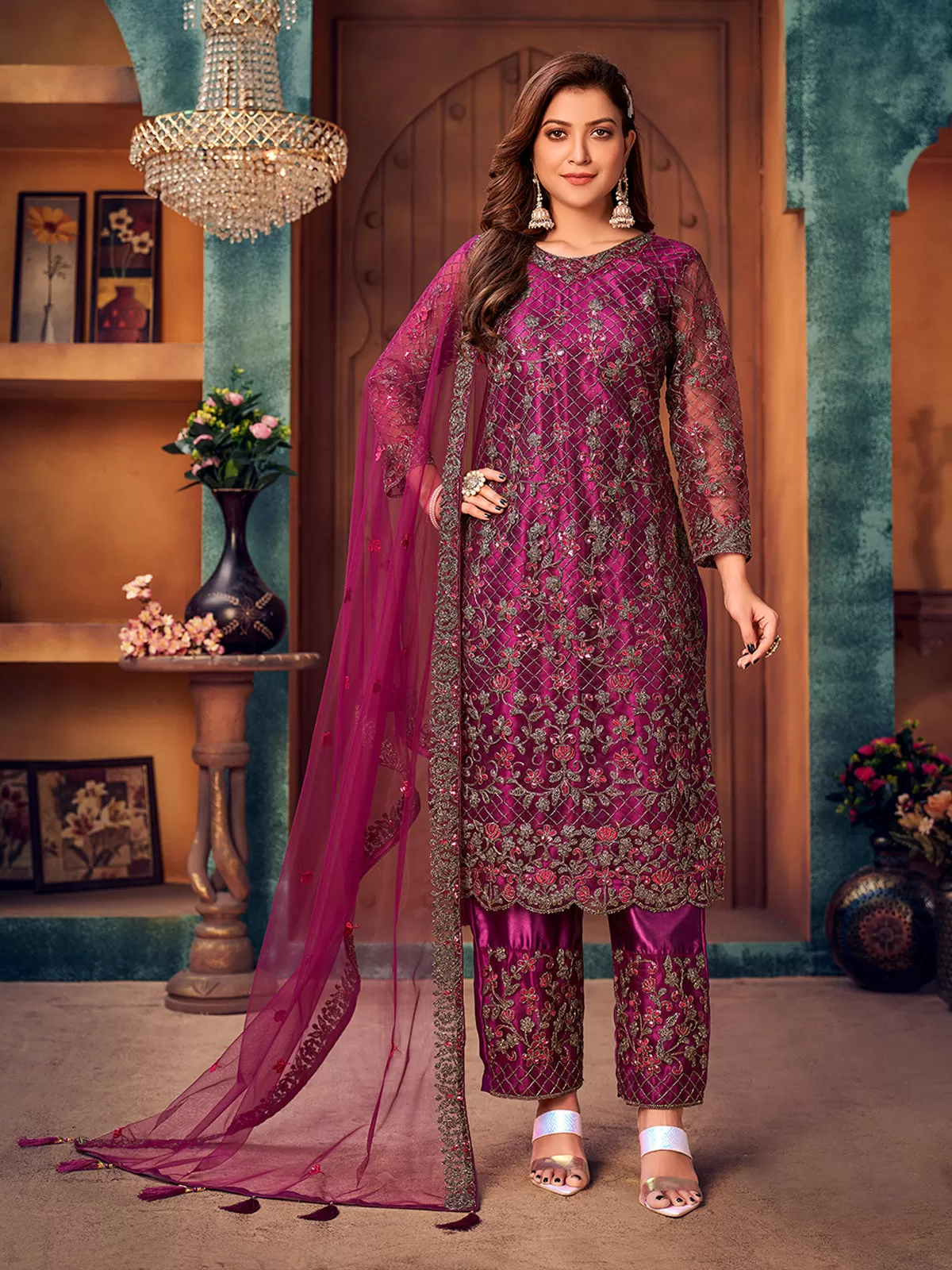 Odette Wine Net Embroidered Semi stitched Kurta Set with Inner For Women