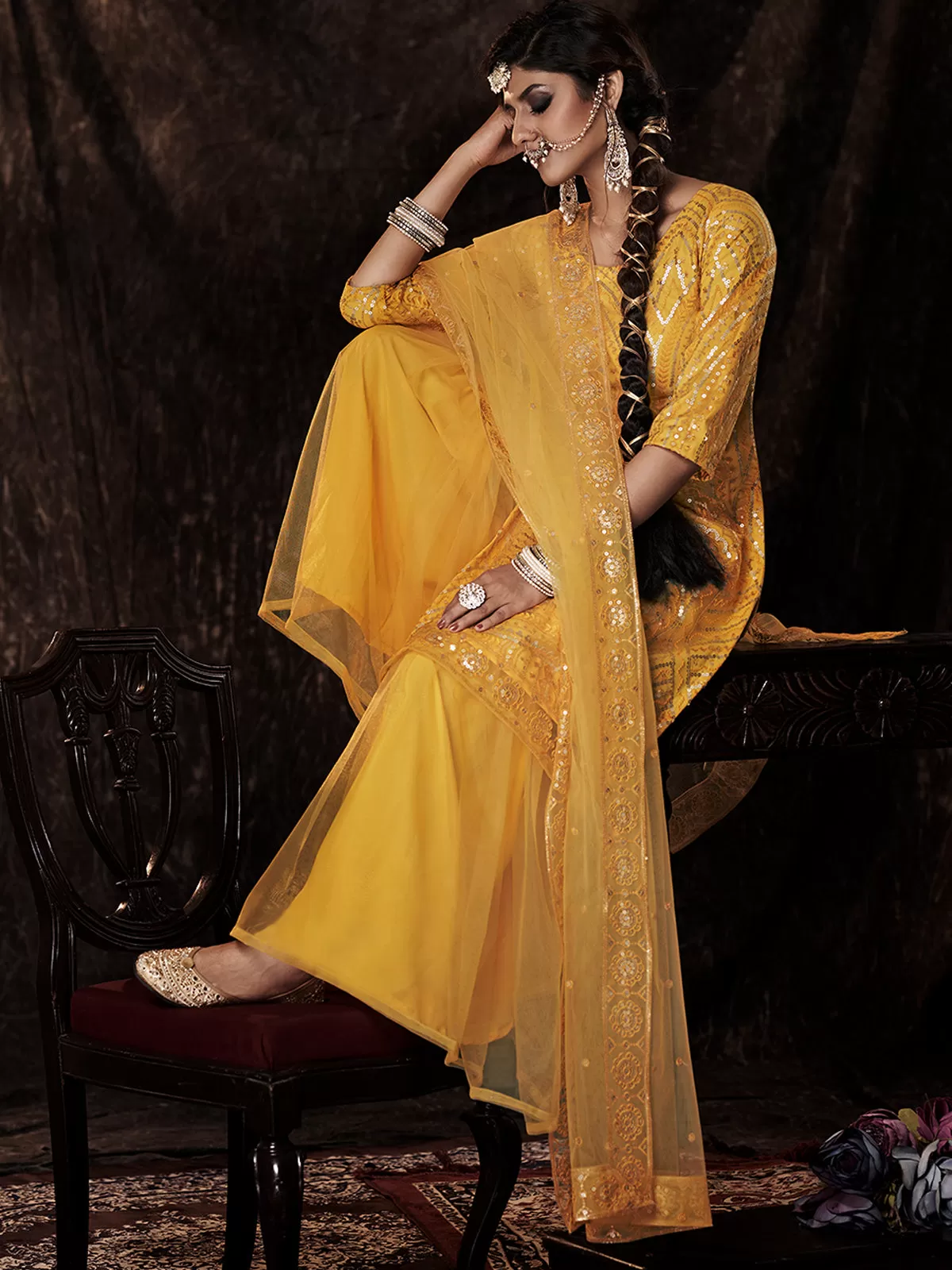 Odette Women Elegant Yellow Semi Stitched Kurta Set