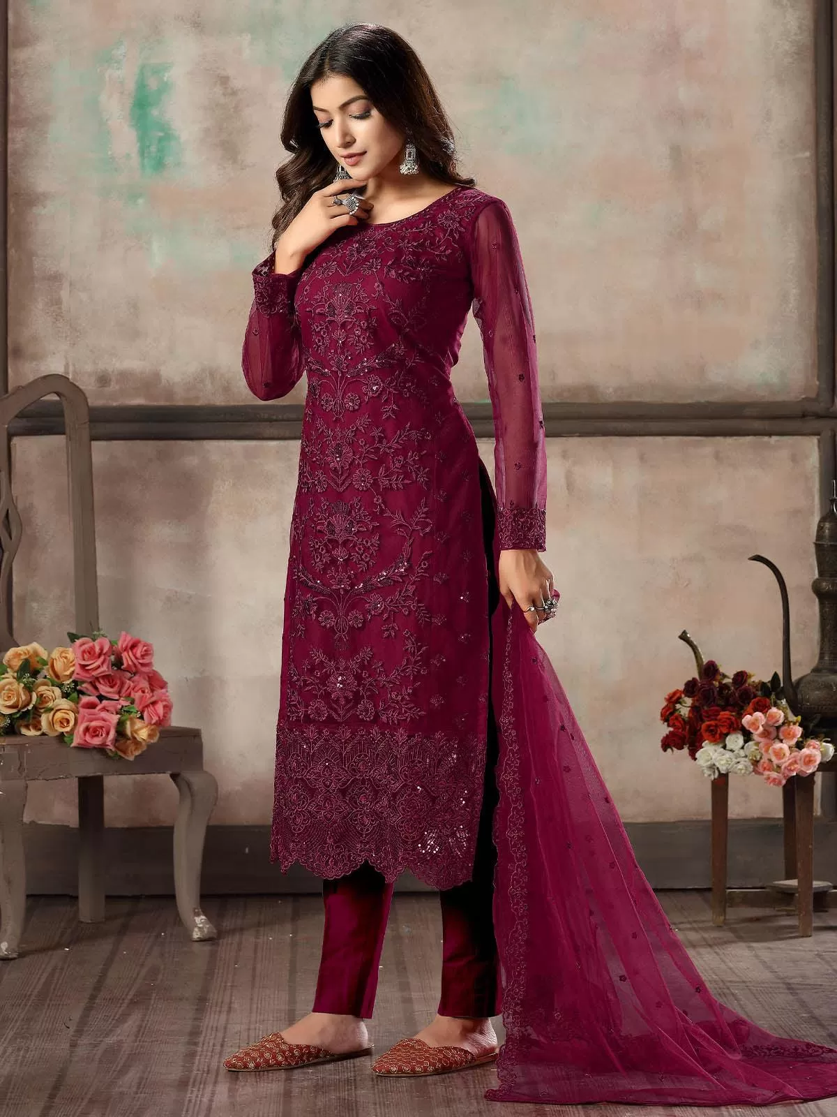 Odette Women Maroon Net Semi Stitched Salwar Suit