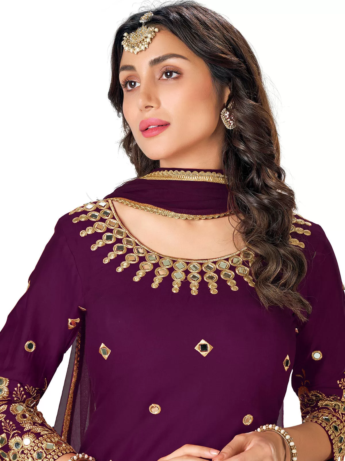 Odette Women Purple Faux Georgette Semi Stitched Kurta Set With Dupatta