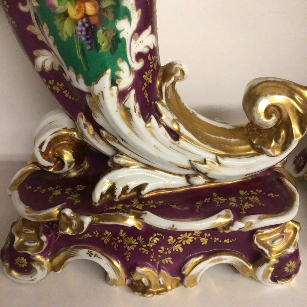 Pair of French Paris Porcelain Cornucopia Vases, One Marked MA