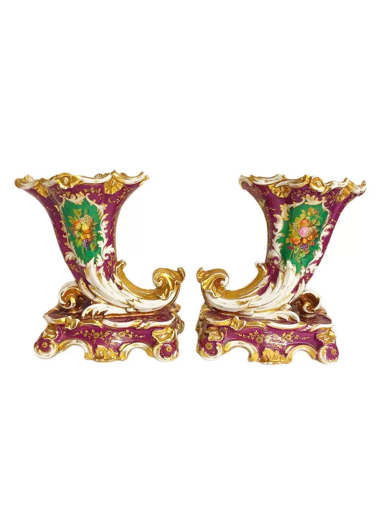 Pair of French Paris Porcelain Cornucopia Vases, One Marked MA