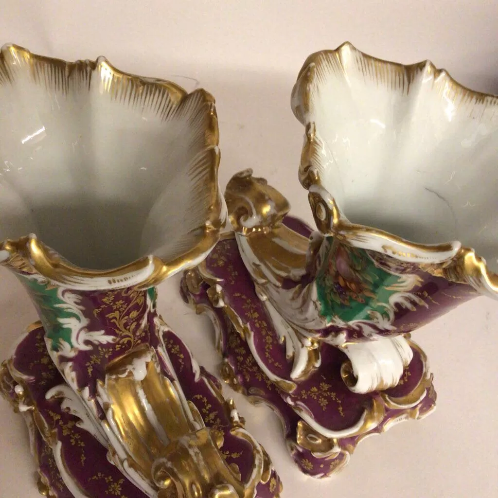 Pair of French Paris Porcelain Cornucopia Vases, One Marked MA