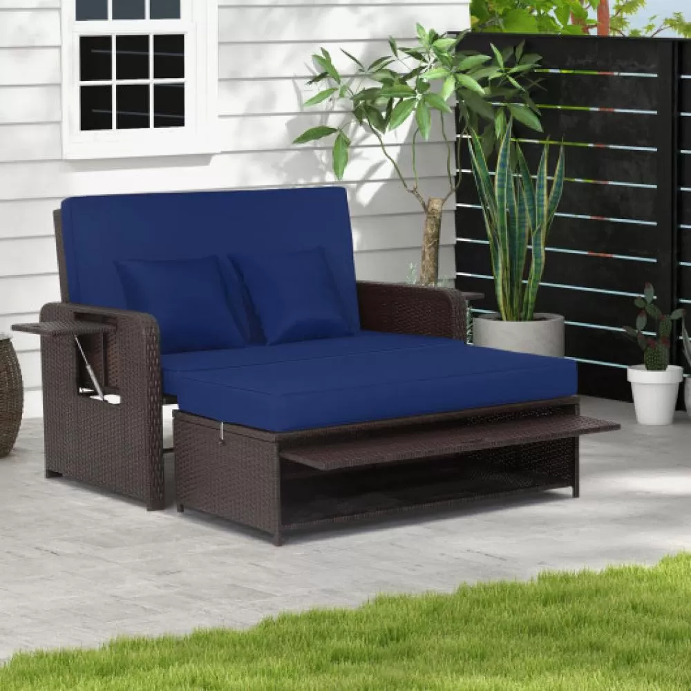 Patio Rattan Daybed with 4-Level Adjustable Backrest and Retractable Side Tray-Turquoise