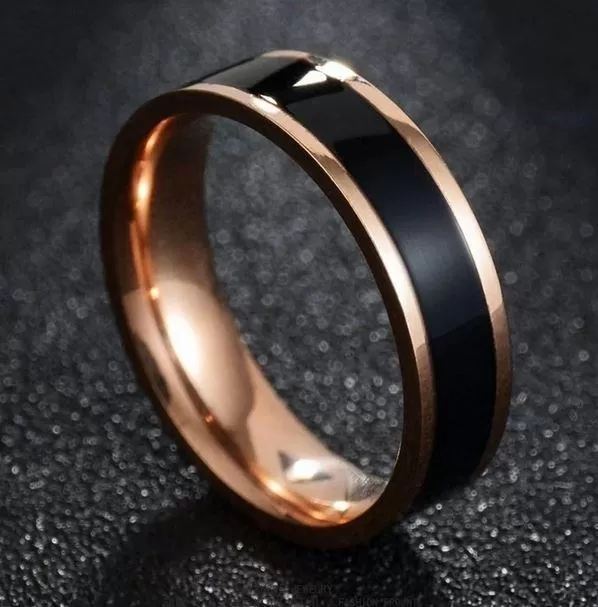 Personalized Engraved Men's Black Ceramic Wedding Ring Rose Gold Band