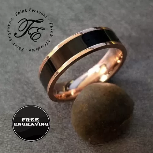 Personalized Engraved Men's Black Ceramic Wedding Ring Rose Gold Band