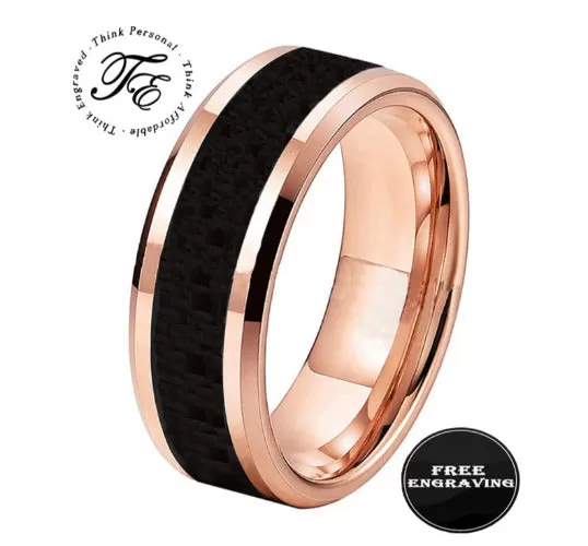 Personalized Engraved Men's Black Ceramic Wedding Ring Rose Gold Band