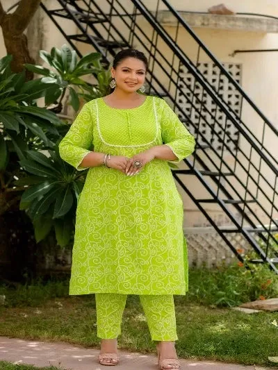 Plus Size Parrot Green Cotton Printed Readymade Salwar Suit