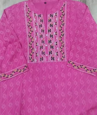 Plus Size Pink Embroidered Cotton Kurti