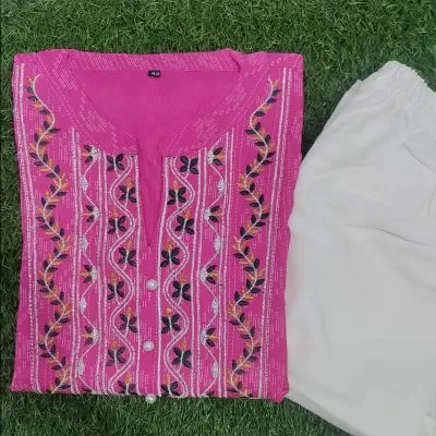 Plus Size Pink Embroidered Cotton Kurti