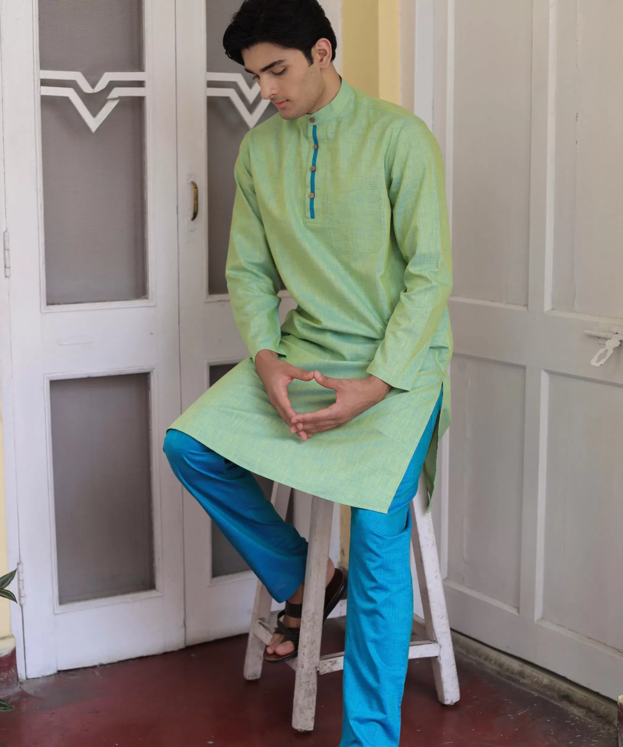 Serene Sage Teal Linen Kurta Pyjama Set