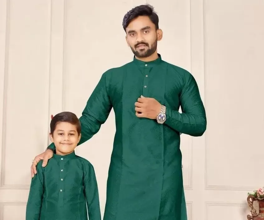 Silk Jacquard Kurta with Pajamas Set for Kids - Dark Green