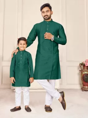 Silk Jacquard Kurta with Pajamas Set for Kids - Dark Green