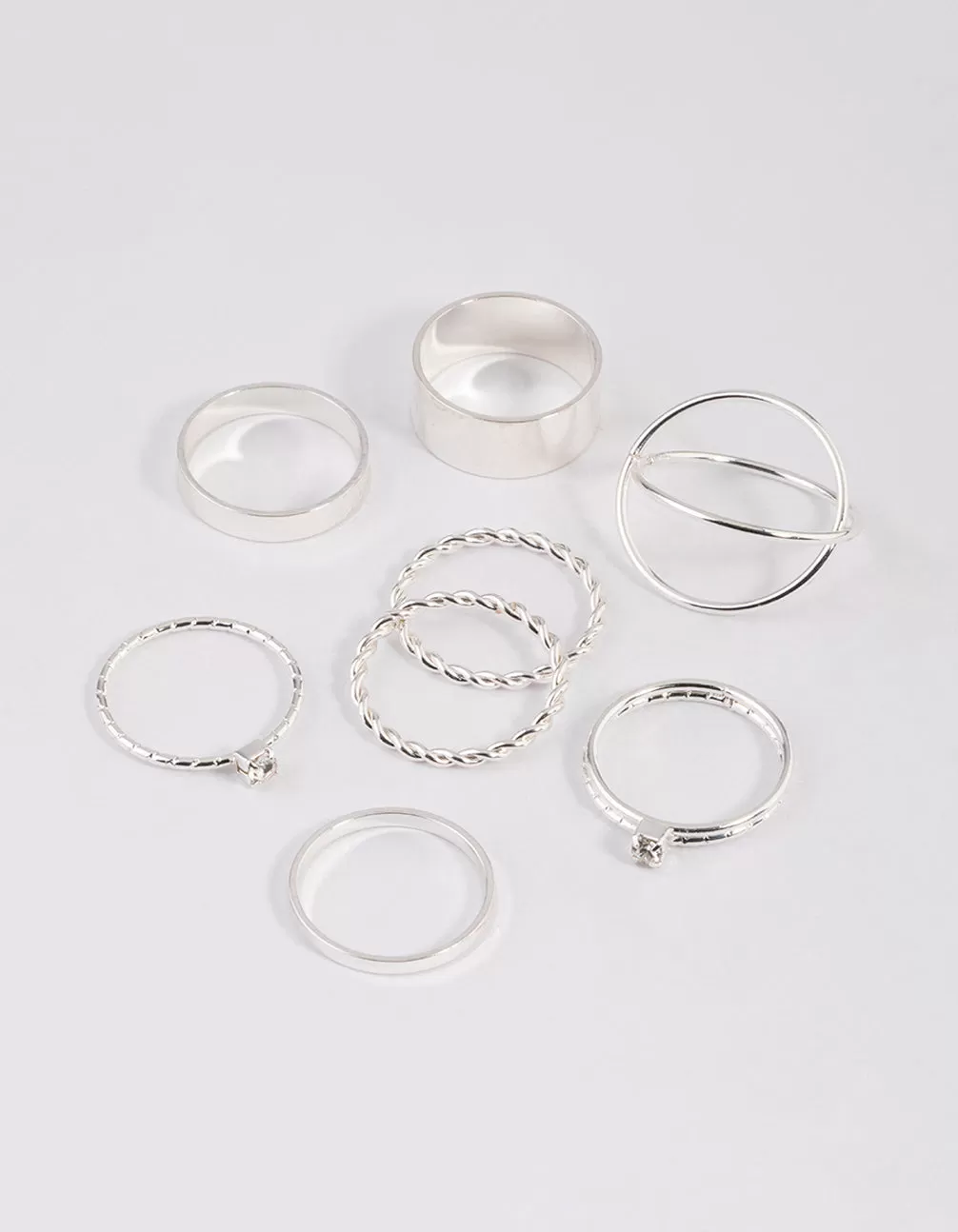 Silver Thick & Diamante Ring 8-Pack