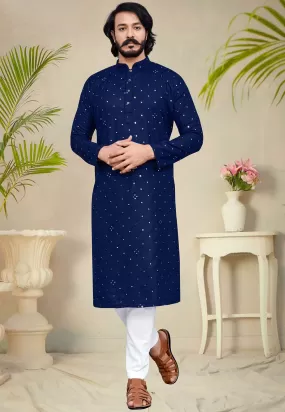 Stylish Kurta Pajama With Embroidery Mirror Work - Navy Blue