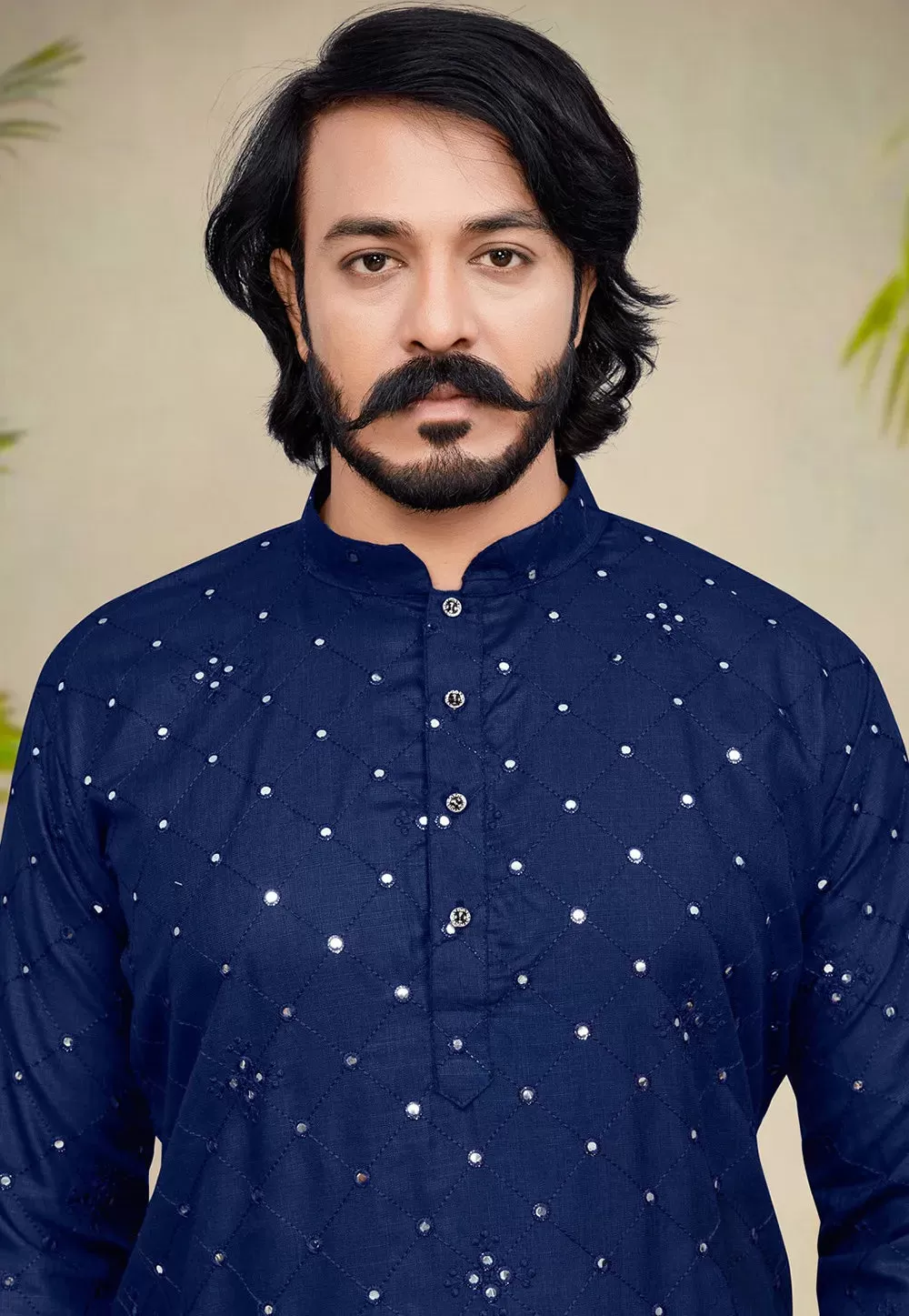 Stylish Kurta Pajama With Embroidery Mirror Work - Navy Blue