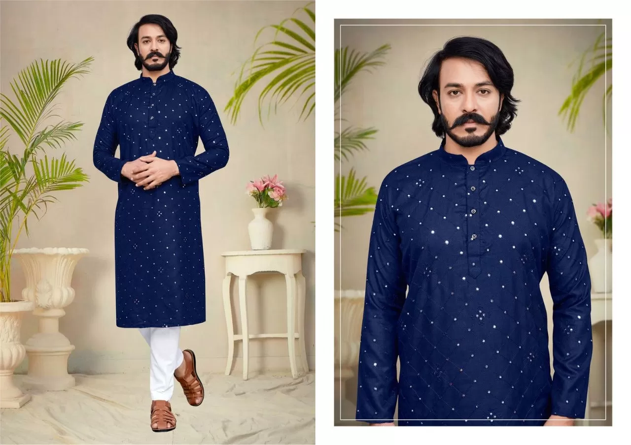 Stylish Kurta Pajama With Embroidery Mirror Work - Navy Blue