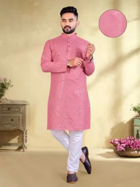 Traditional Men's Mirror Embroidery Work Peach Color Cotton Kurta Pajama Set