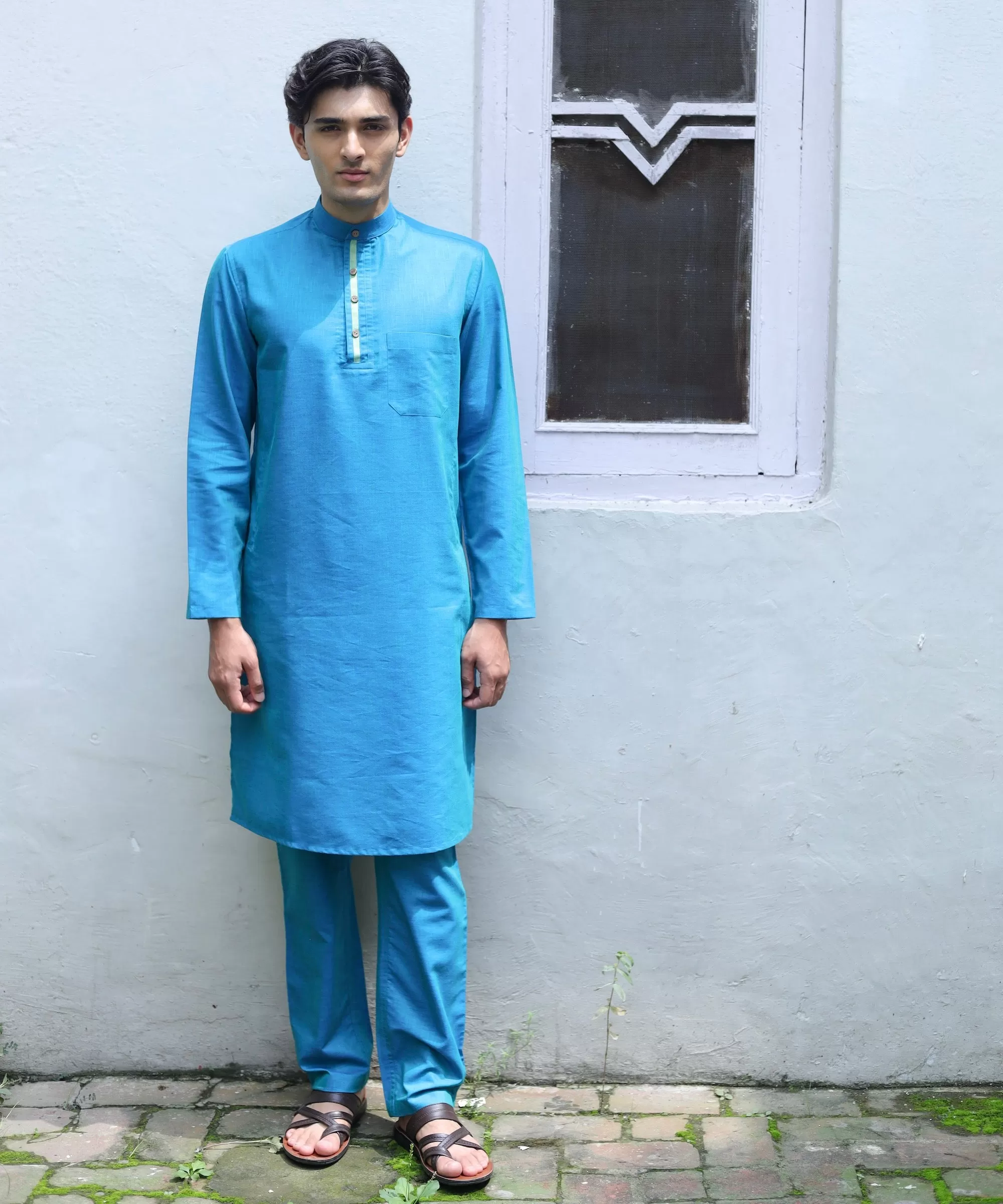 Tranquil Teal Linen Kurta Pyjama Set