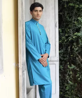 Tranquil Teal Linen Kurta Pyjama Set