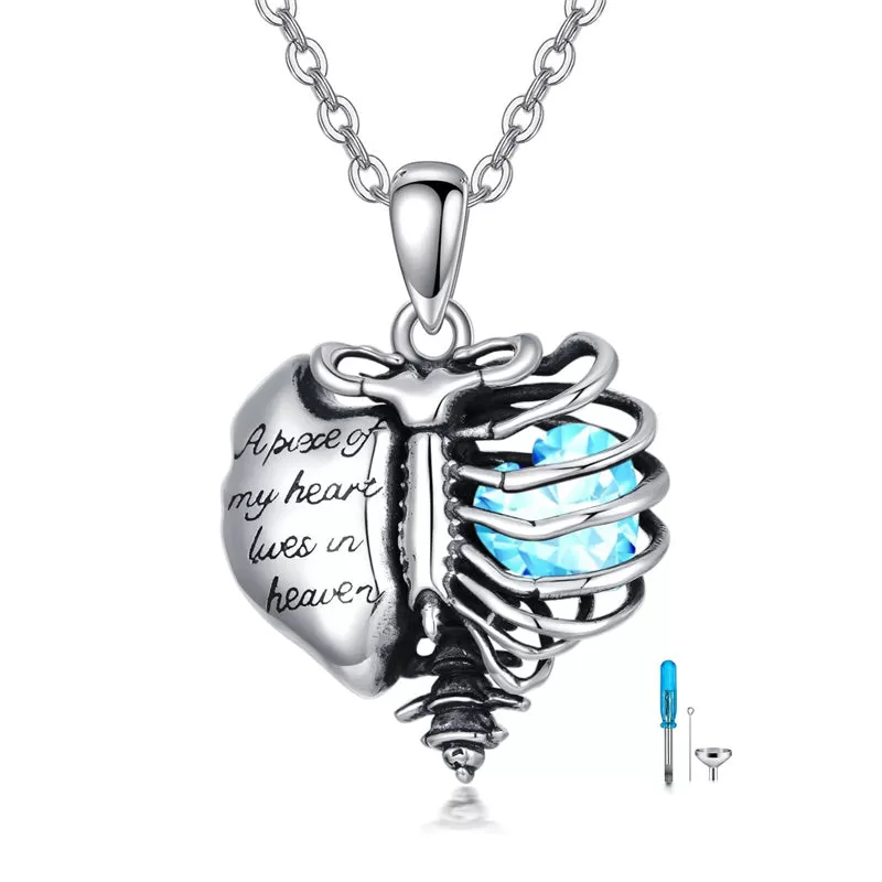 Urn Necklaces for Ashes 925 Sterling Silver Heart Skeleton Birthstone Necklace Cremation Jewelry Memorial Gifts for Women Men Mom