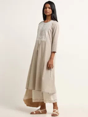 Utsa Beige Mirror Embroidered Cotton Kurta