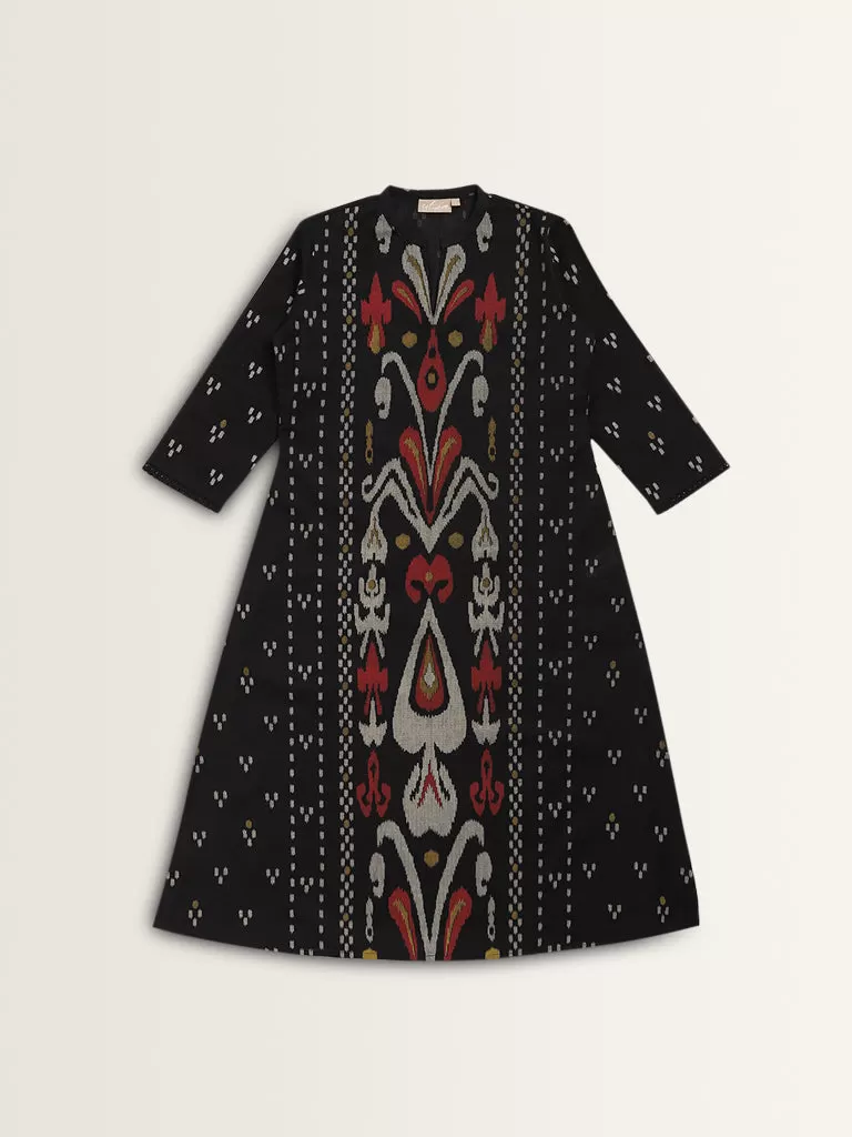 Utsa Black Ikat Printed Cotton A-Line Kurta