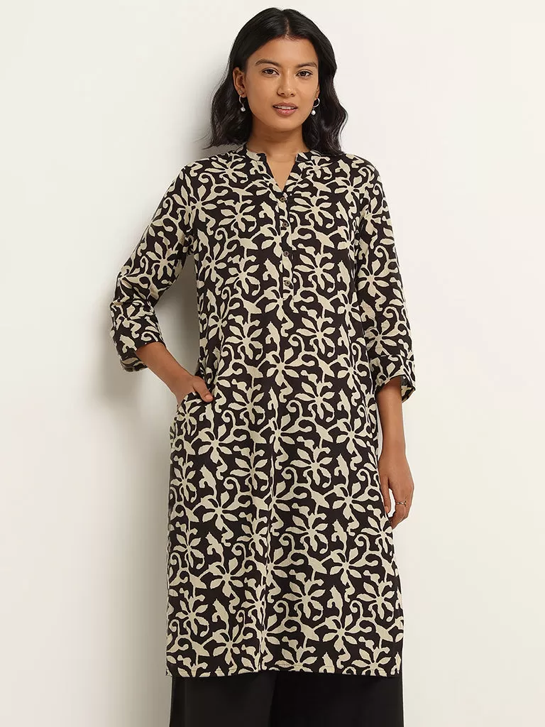 Utsa Black Straight Fit Printed Cotton Kurta