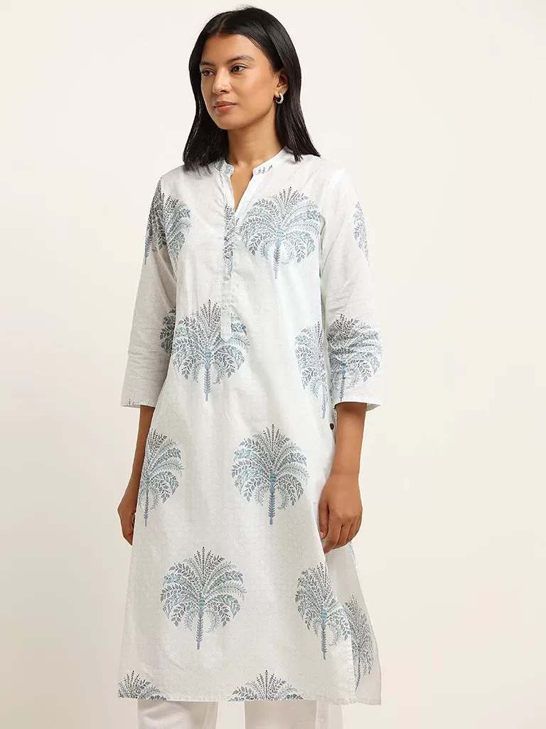 Utsa Blue Foliage Design Cotton A-Line Kurta