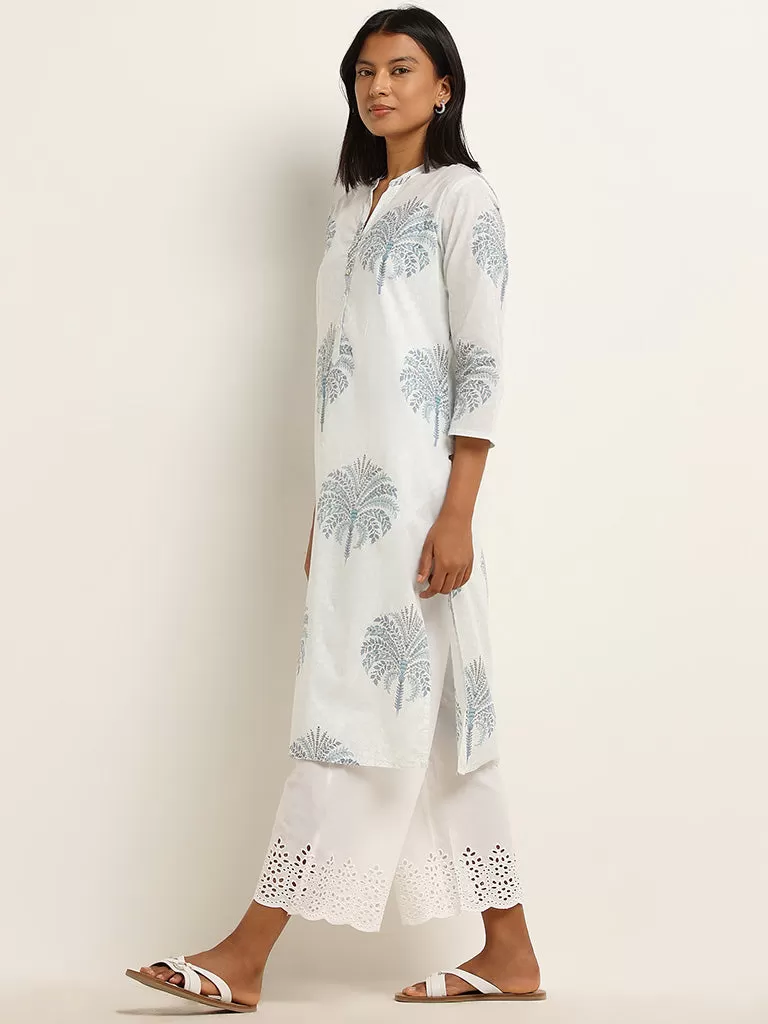 Utsa Blue Foliage Design Cotton A-Line Kurta