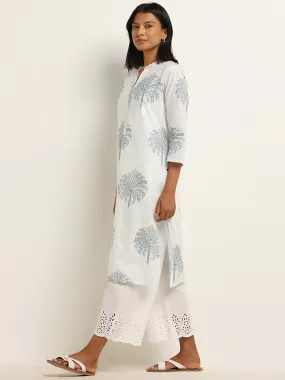 Utsa Blue Foliage Design Cotton A-Line Kurta