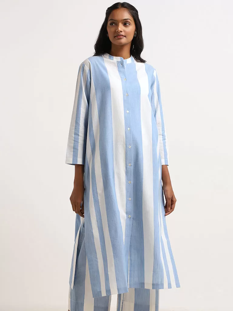 Utsa Blue Striped Cotton Buttoned Down Kurta