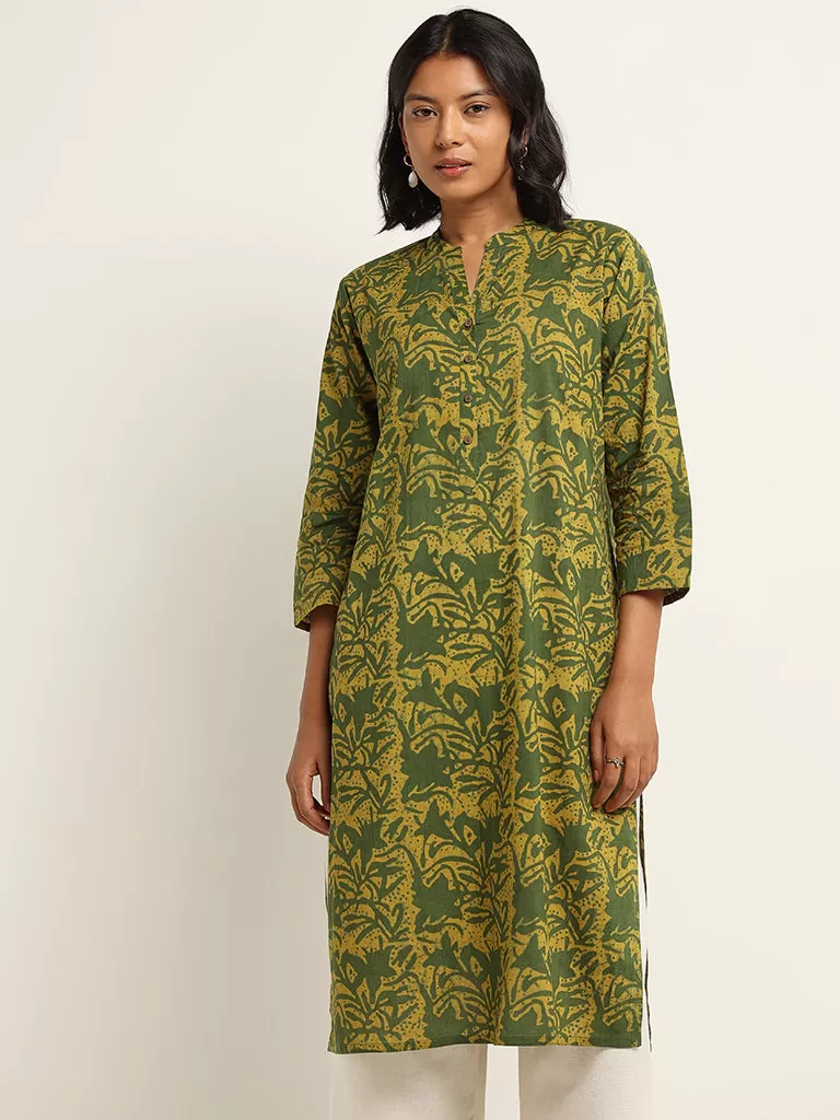 Utsa Green Straight Fit Printed Cotton Kurta