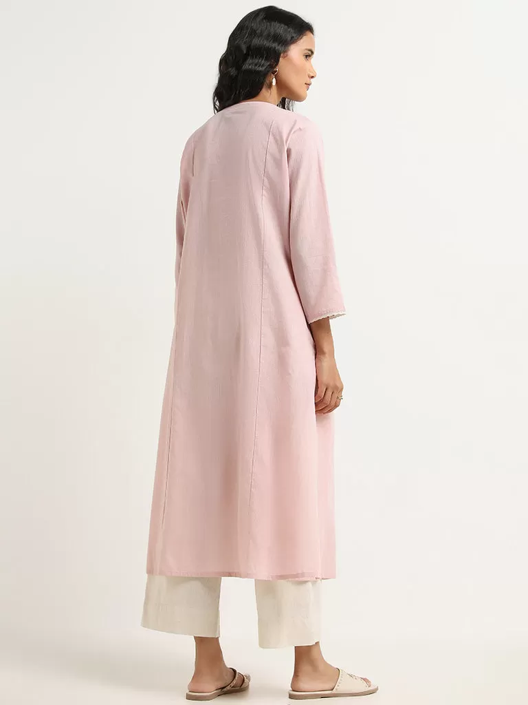 Utsa Pink Embroidered Cotton A-Line Kurta