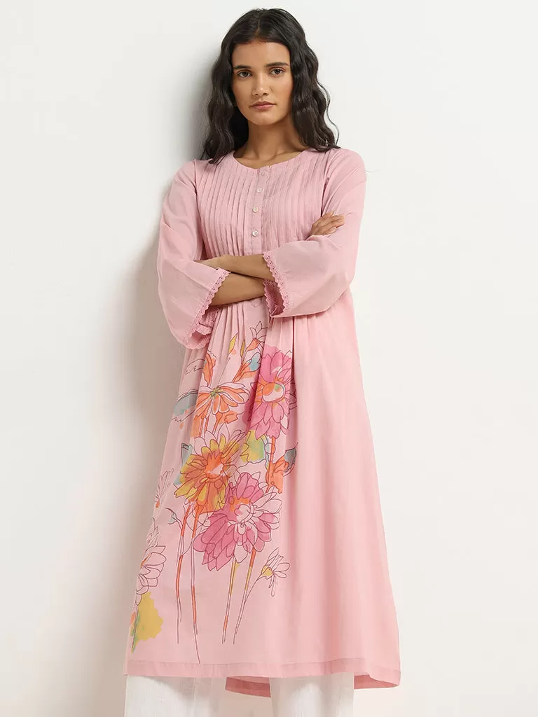 Utsa Pink Floral Design Cotton A-Line Kurta