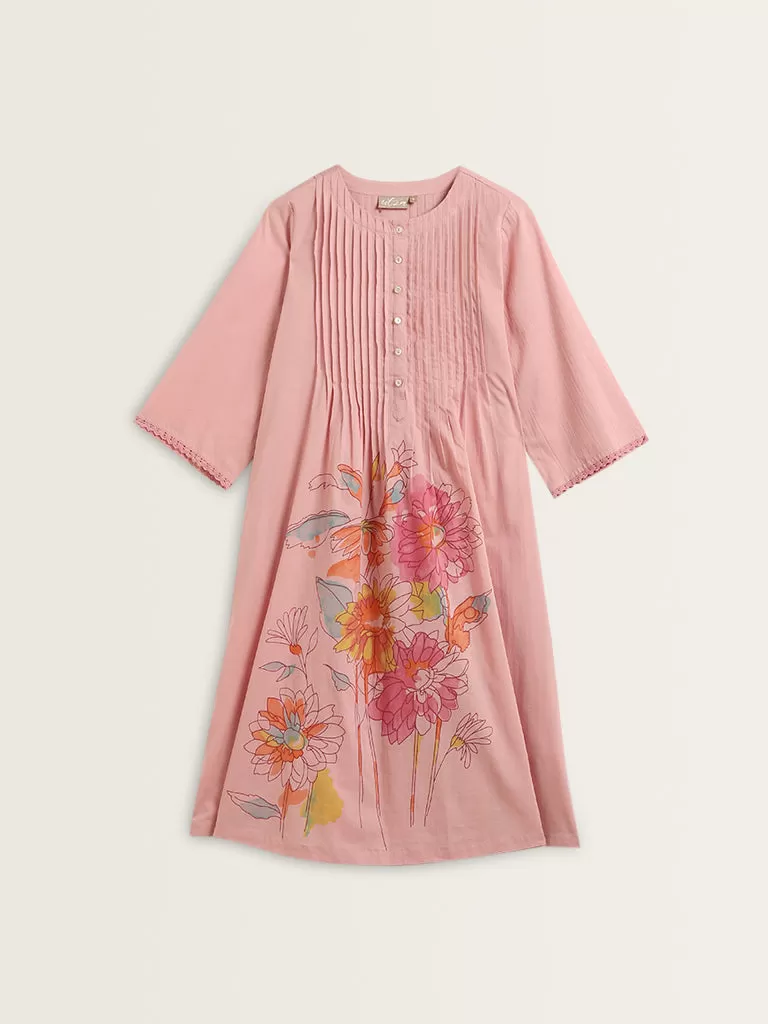 Utsa Pink Floral Design Cotton A-Line Kurta