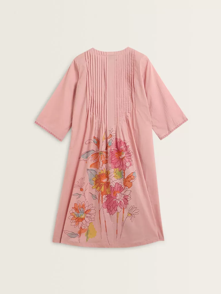 Utsa Pink Floral Design Cotton A-Line Kurta