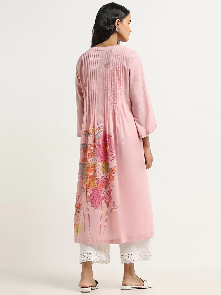 Utsa Pink Floral Design Cotton A-Line Kurta