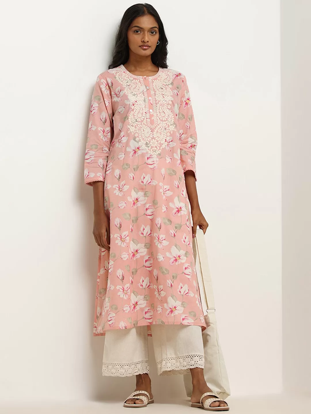 Utsa Pink Floral Embroidered Cotton Kurta