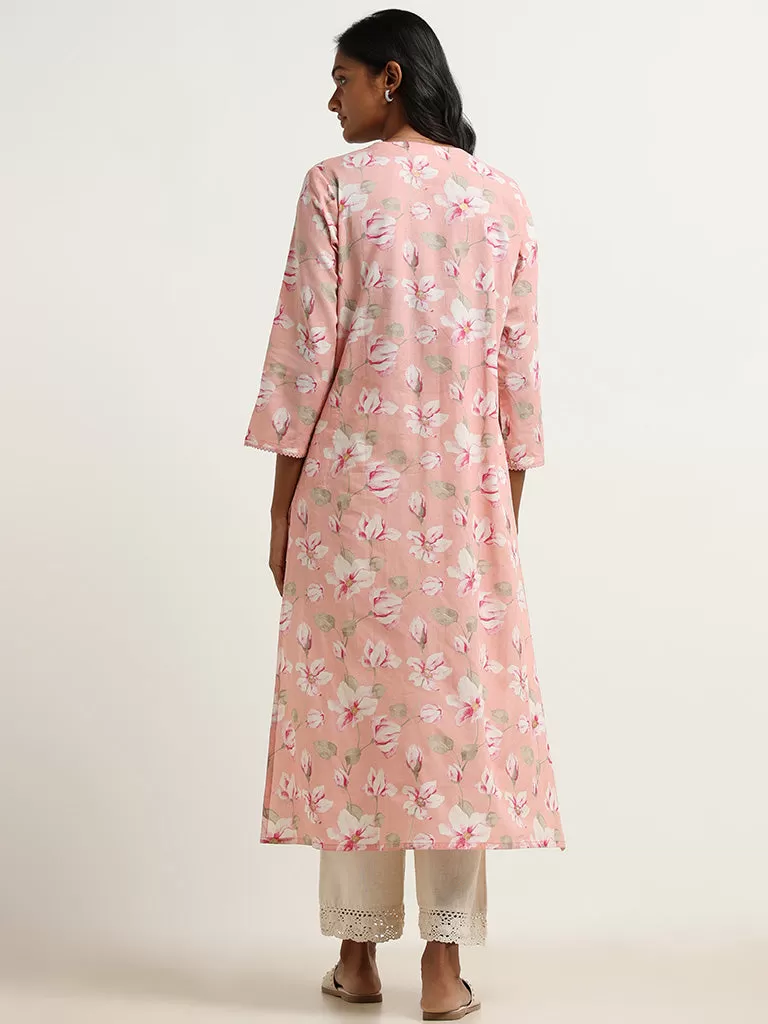 Utsa Pink Floral Embroidered Cotton Kurta