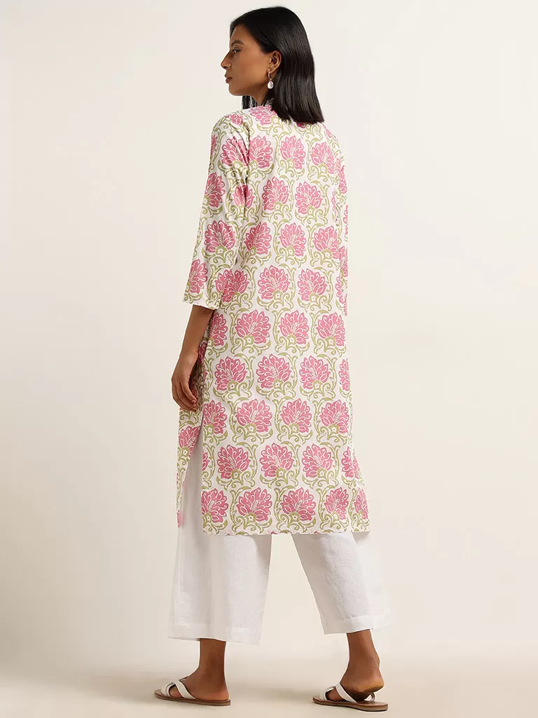 Utsa Pink Floral Printed Cotton Straight Kurta