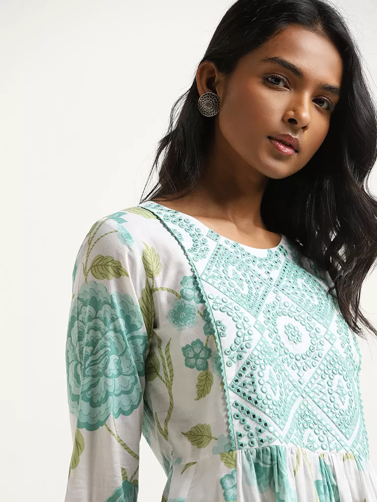 Utsa Turquoise Floral Patterned Cotton A-Line Kurta