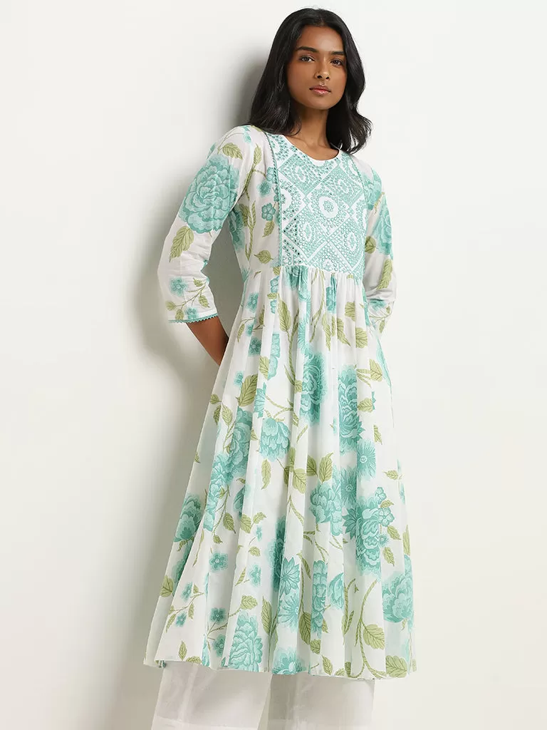 Utsa Turquoise Floral Patterned Cotton A-Line Kurta