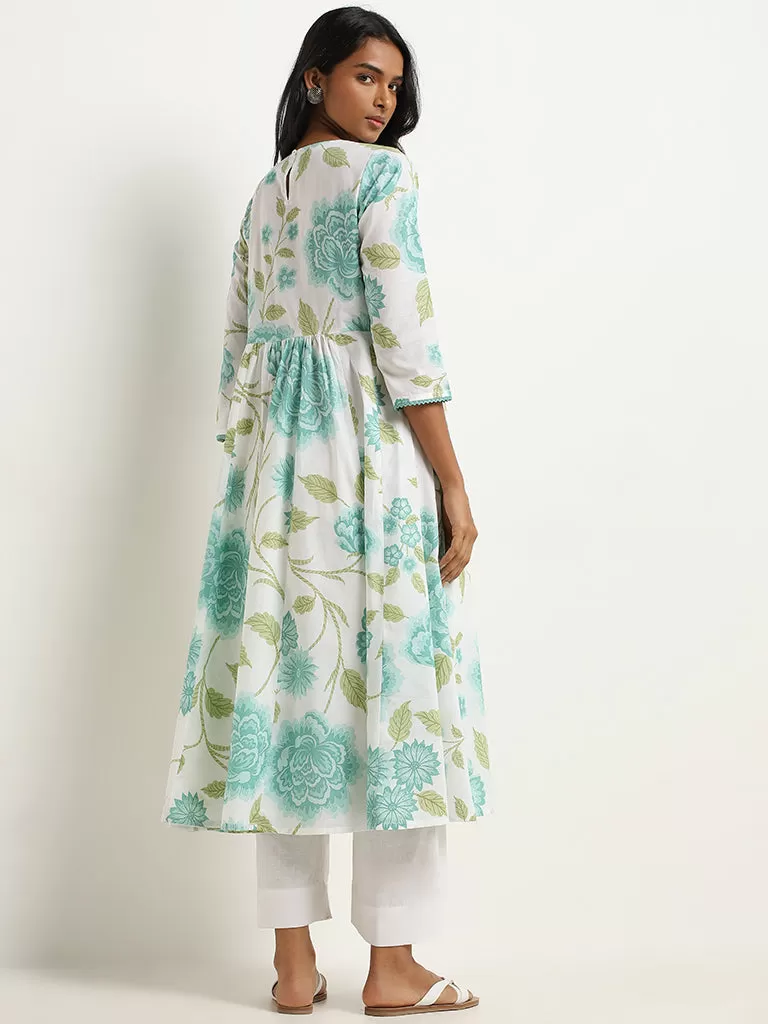 Utsa Turquoise Floral Patterned Cotton A-Line Kurta